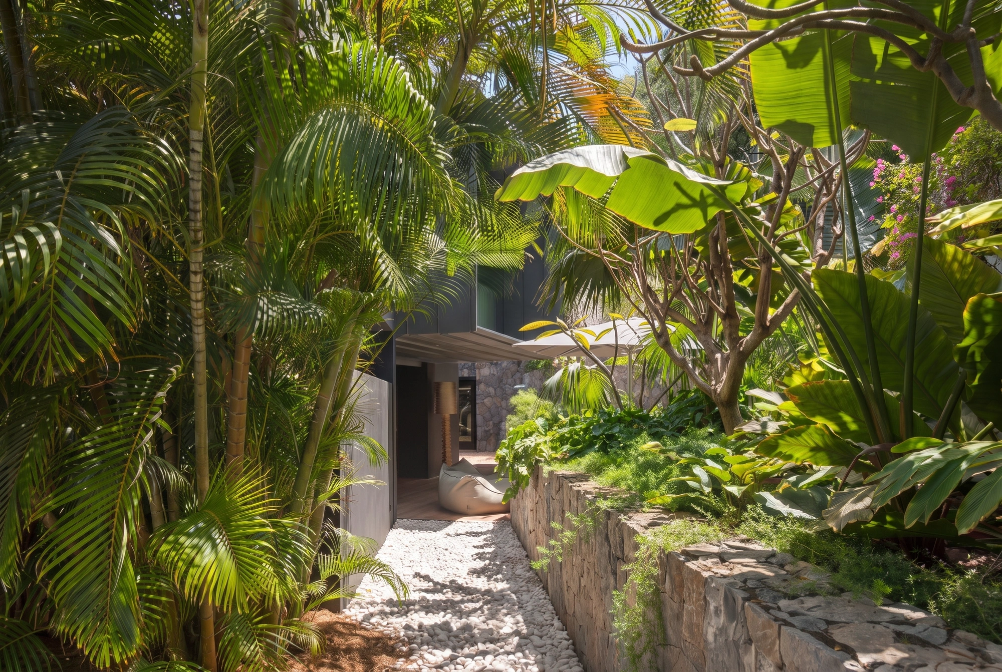 The garden path along the stone wall