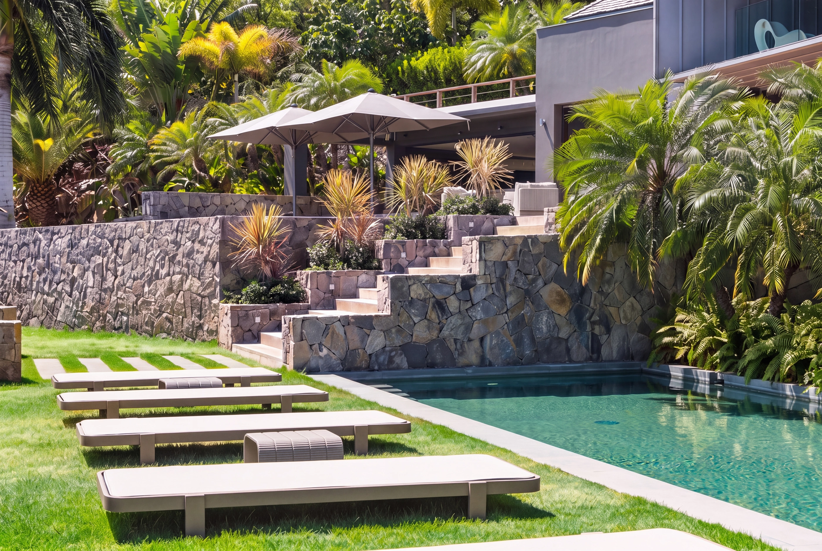 Loungers on the lawn beside the long pool, the terraces above