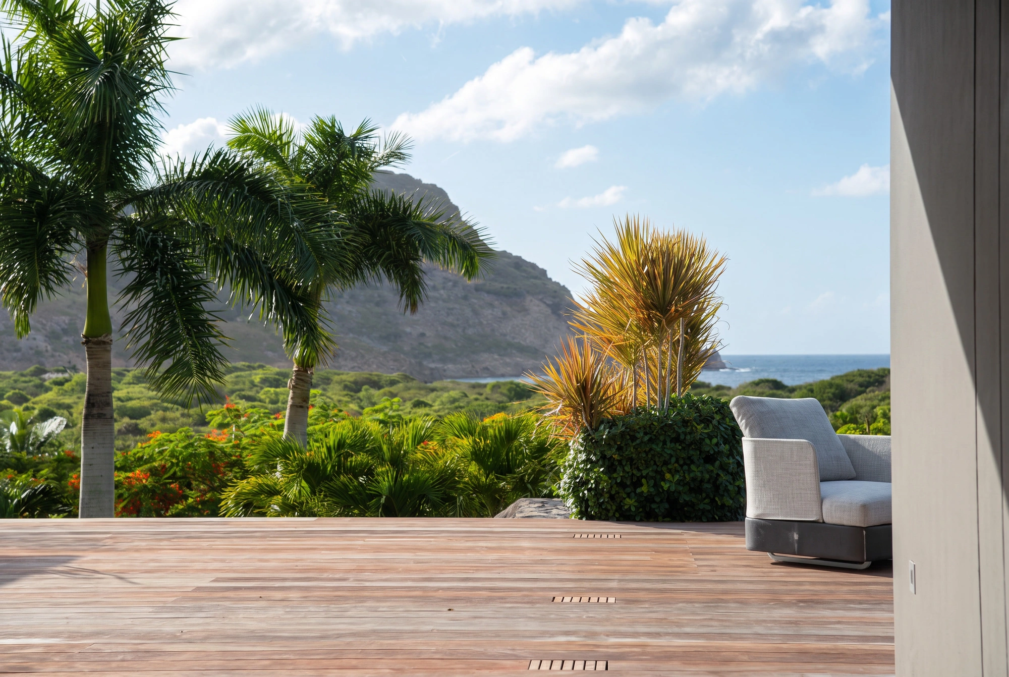 The deck at the edge of the garden, two palms and the bay beyond, an armchair in the sun